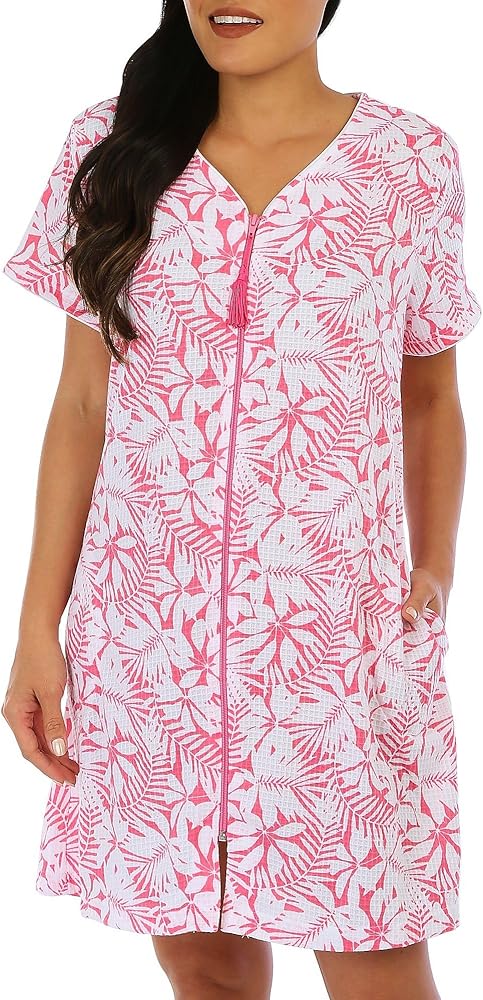 Coral Bay Womens Print Zippered Short Sleeve Duster Robe