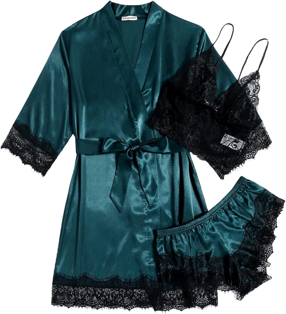 Sexy Robes for Women 3 Piece Lace Lingerie Set Satin Bridal Pajama Silk V-neck Sleepwear