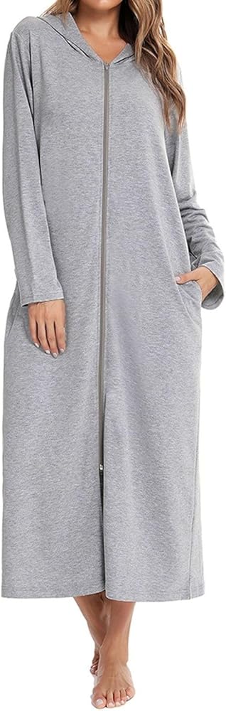 Women's Long Sleeve Robe Long House Coat Cotton Spa Hooded Zipper Zip Up Sleeping