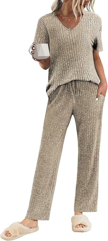 Ekouaer Womens Ribbed Knit Lounge Set Short Sleeve Top and Long Pants Sleepwear Pajama Set Two Piece Matching Outfits Set