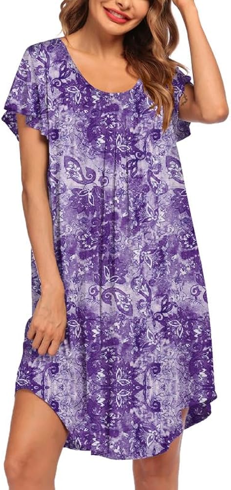 Ekouaer Womens Nightgown Soft Sleepwear Pleated Sleepshirt Sleep Dress Short Sleeve Nightdress S-3XL