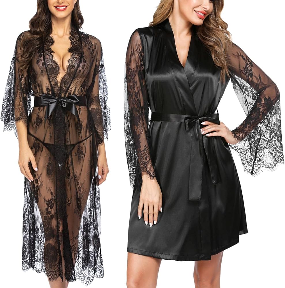 Avidlove Women Sexy Long Lace Lingerie Kimono Robe and Satin Robe for Brides Bridesmaids(Black,M)