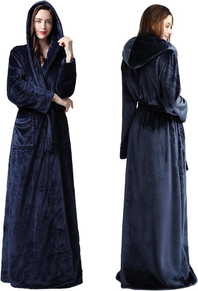 Oksun Womens Long Fleece Robe: Floor Length Flannel Hooded Bathrobe, Plush Warm Winter Housecoat, Fluffy Soft Cozy Nightgown