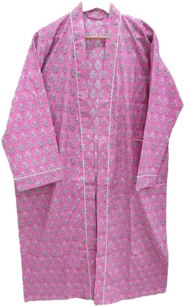 Indian Cotton Handmade Hand Block Print Kimono, Women Bath Robe Dressing Gown, Beach Wear Kimono Bridal Robe