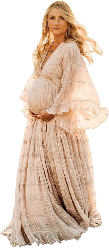 Tulle Maternity Robe for Photoshoot V Neck Long Sleeve Pregnancy Baby Shower Puffy Slit Ruffle Bridal Lingerie