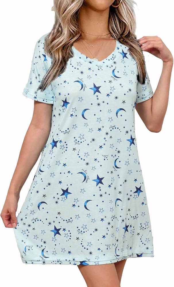 Soft Sleepwear Womens Short Sleeve Nightgowns Knit Sleepshirts V Neck Night Shirts S-XXL