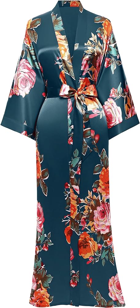 BABEYOND Kimono Robe Long Satin Floral Bridesmaid Wedding Bachelorette Party Robe