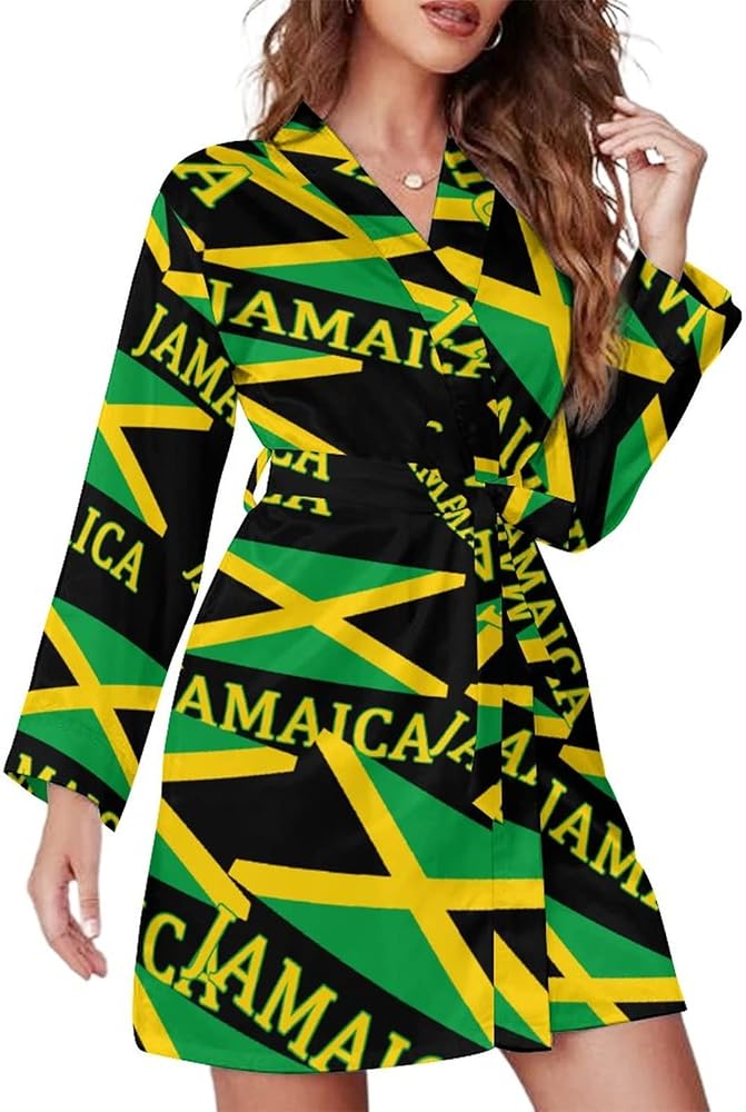 Jamaican Flag Women's Long Sleeve Nightgown V Neck Soft Night Robe Bathrobe Sleepwear Loungewear M