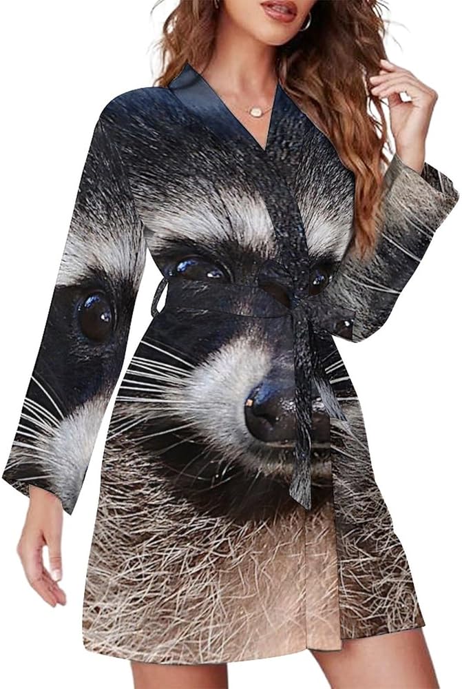 Cute Raccoon Short Robes For Women With Belt Long Sleeve Womens Nightgown Soft Bathrobe Loungewear