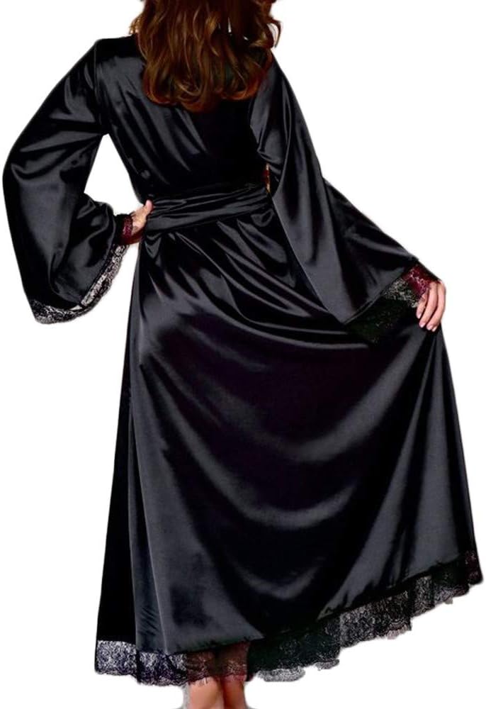 Women Sexy Long Robe Gown Lace Trim Kimono Long Bathrobe Lightweight Bridesmaids Pajama Nightgown with Belt